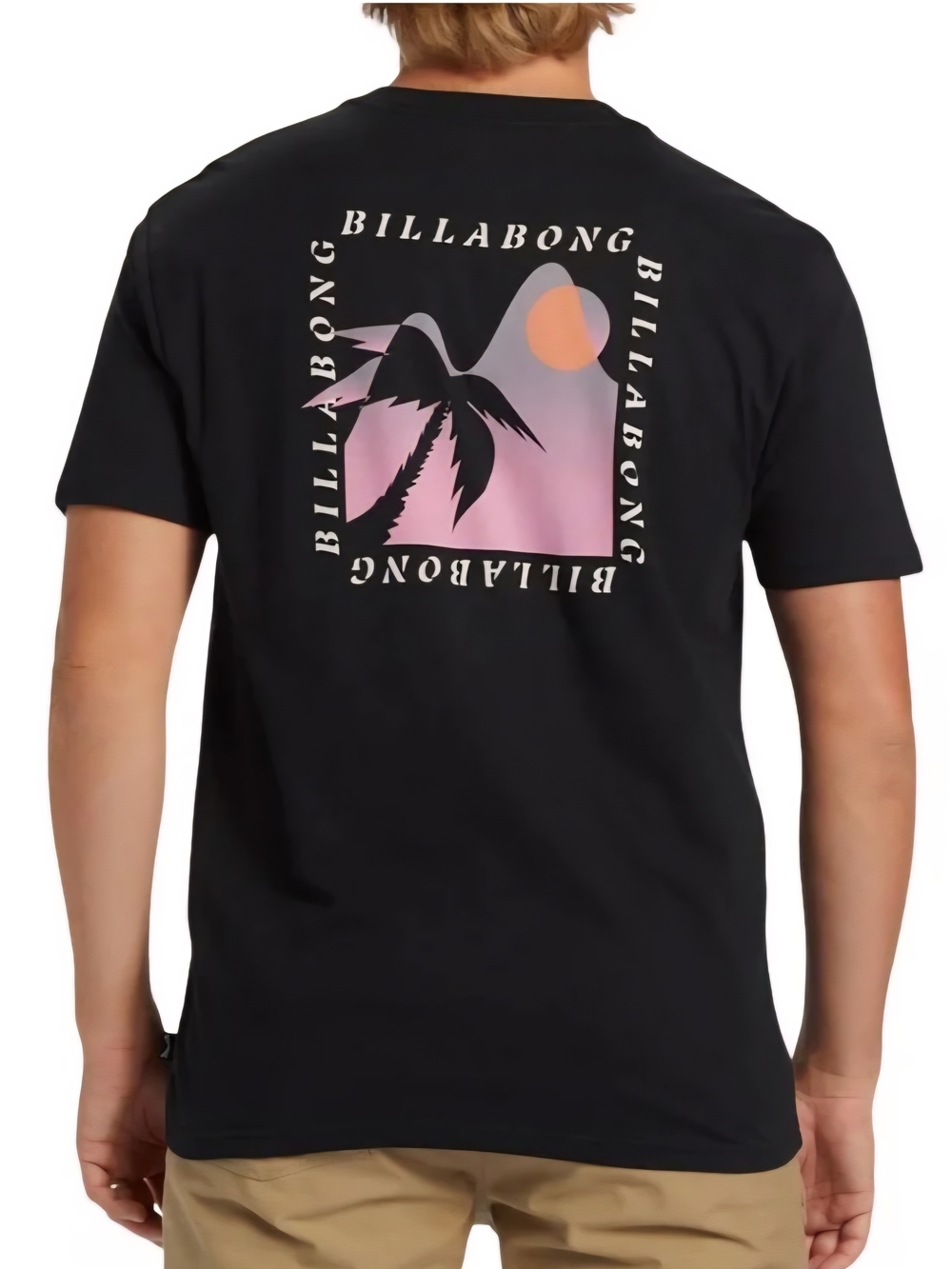 NWT Billabong Black Short-Sleeve Tee with Pink & Orange Sunset Palm Graphic